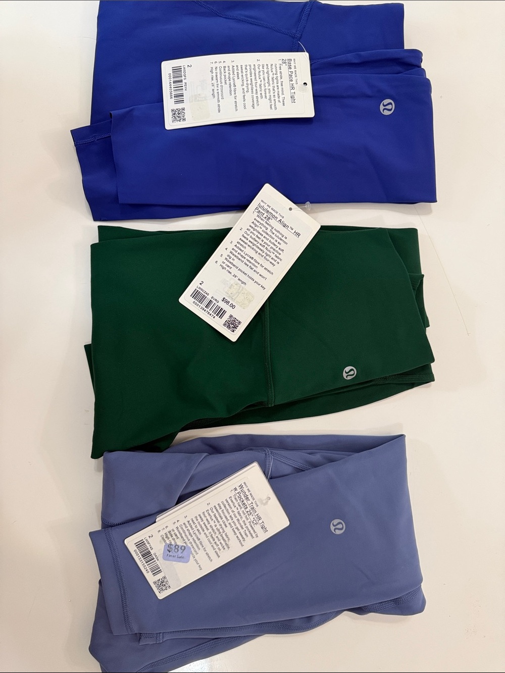 3 lululemon athletica women Leggings Trio - Royal Blue, Forest Green, Lavender